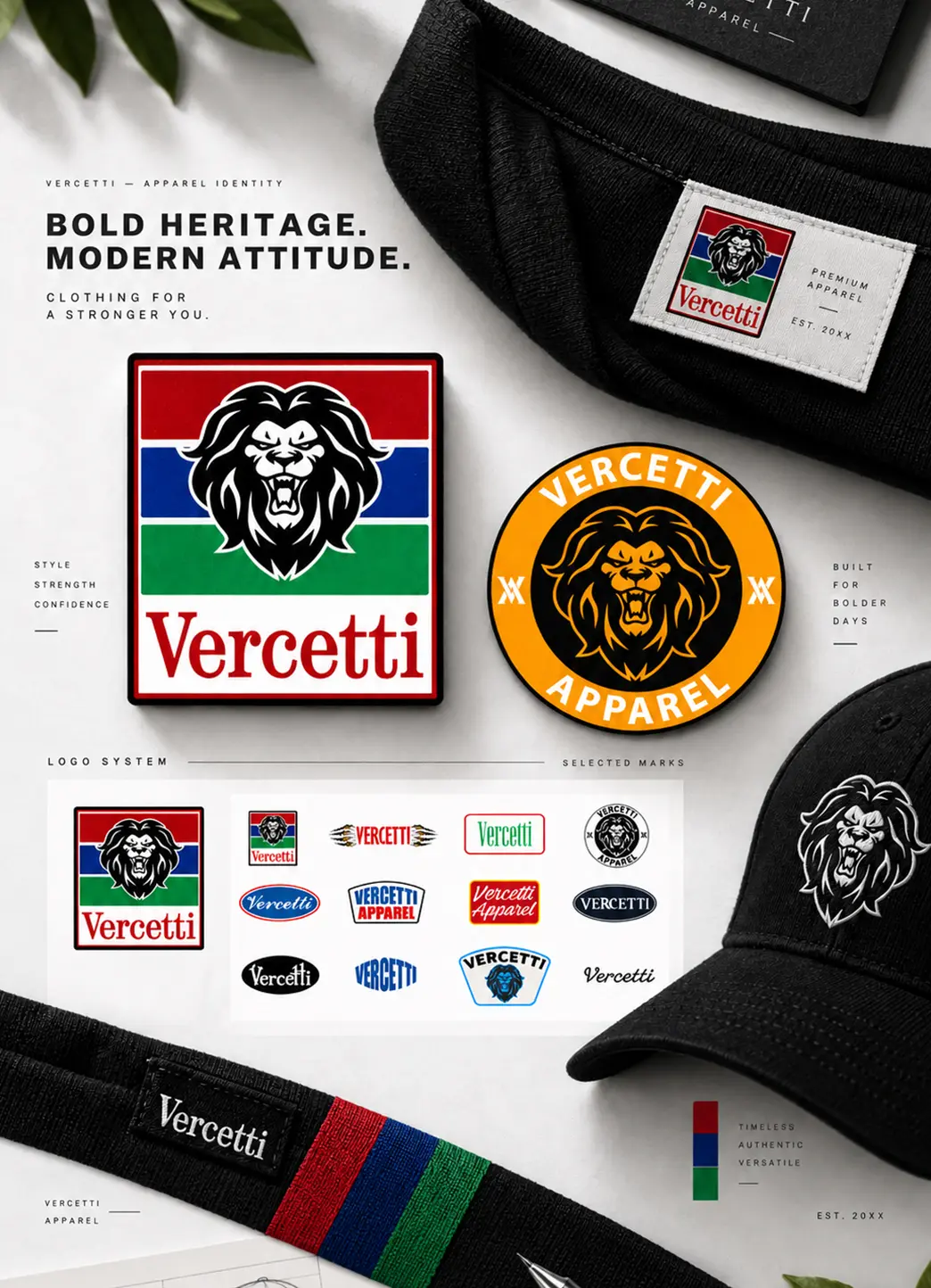 Apparel brand identity presentation featuring logo variations, clothing labels, patches, and branded merchandise