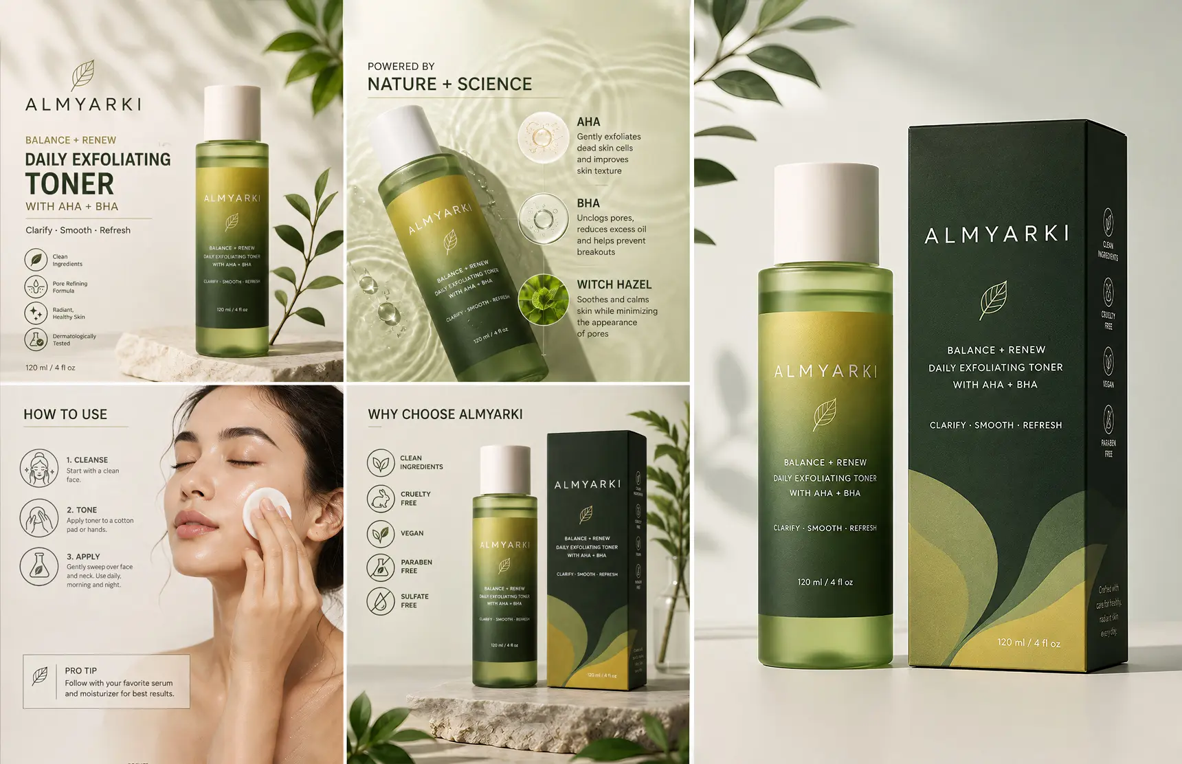 E-commerce product visuals featuring skincare product photography, packaging design, and lifestyle imagery