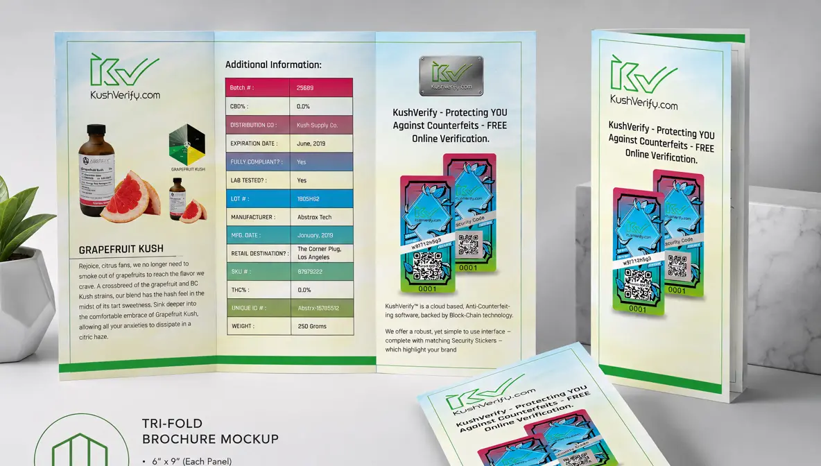 Tri-fold brochure and marketing collateral designed for a product verification brand