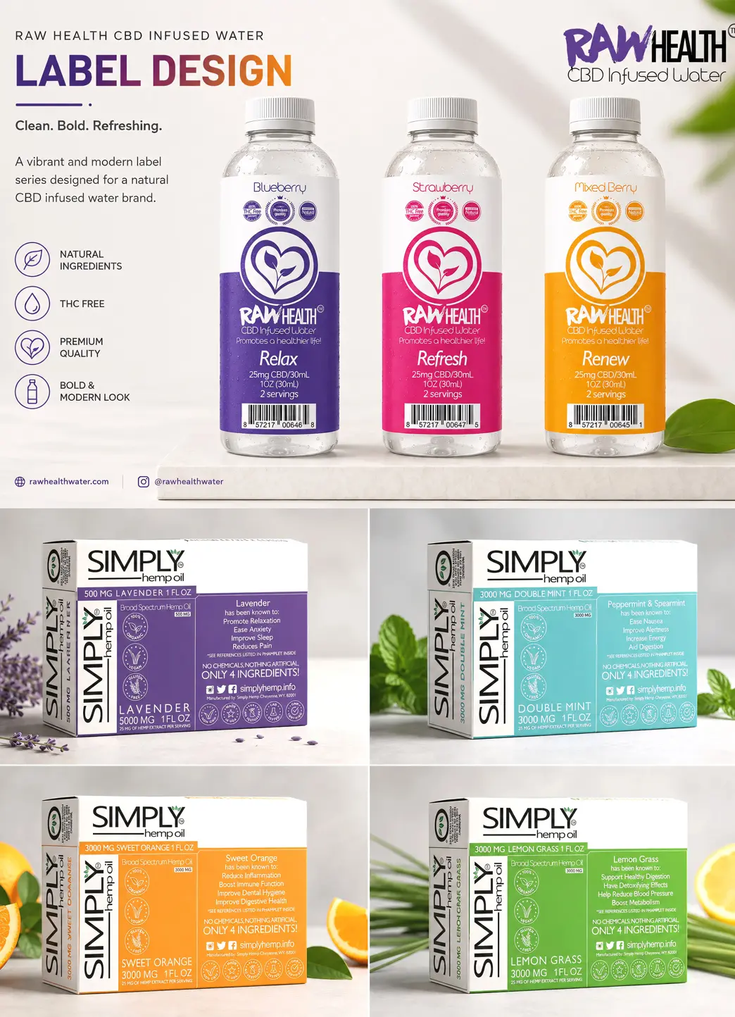 CBD and hemp product packaging and label designs presented in professional product mockups