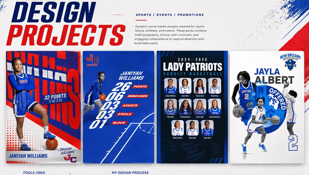 Sports promotional graphics featuring basketball players, team statistics, rosters, and event designs